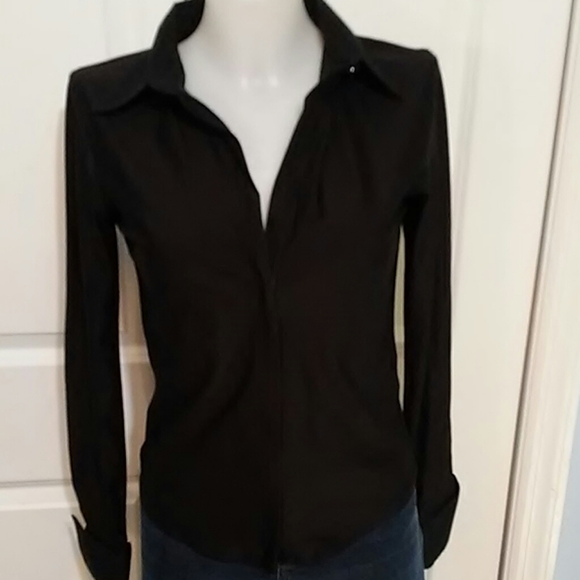 CAbi Tops - CABI Zip Front Black French Cuff Collared Shirt